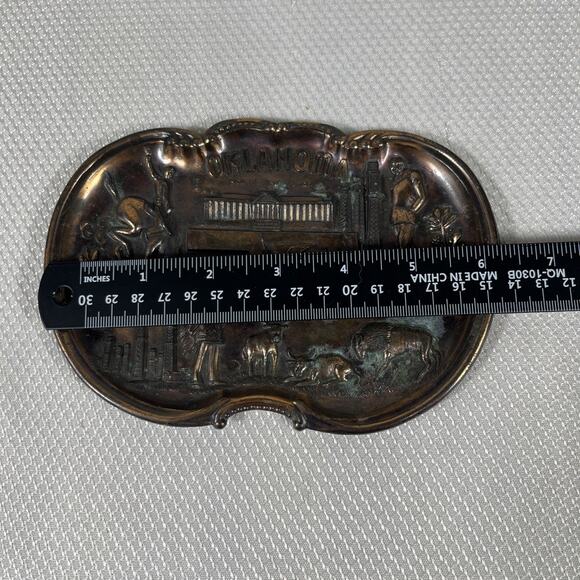 Vintage OKLAHOMA Copper Finished Trinket Tray Embossed Designs Made In Japan - Picture 5 of 9